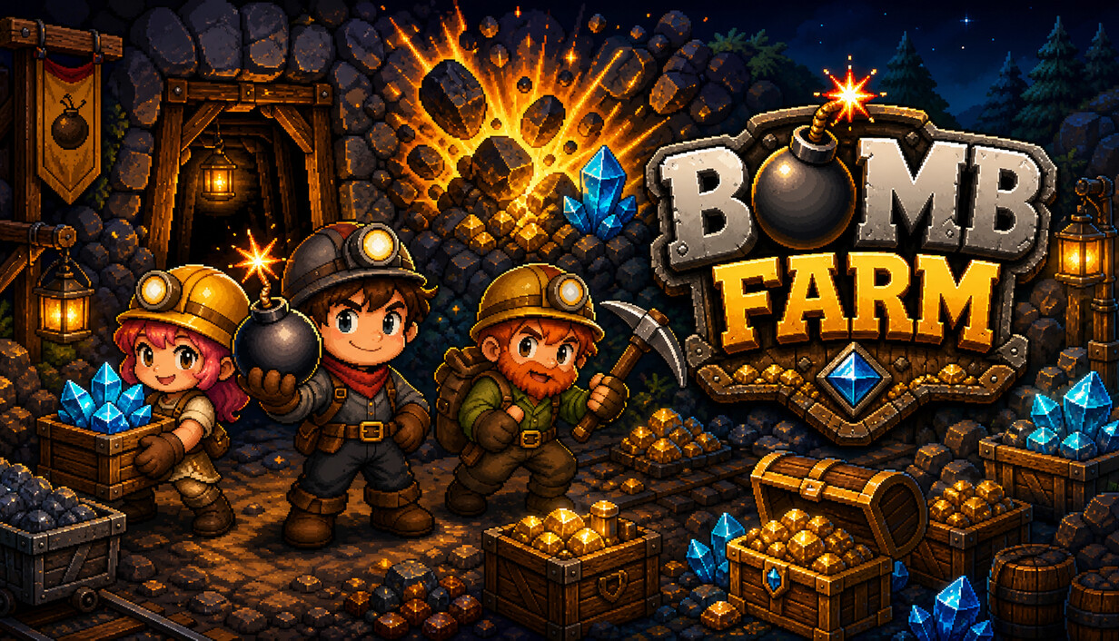 Bomb Farm miners with bombs, blue crystals and treasure in a lantern-lit mine